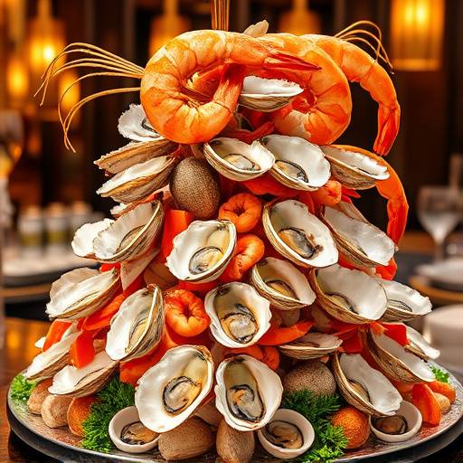 A beautifully arranged seafood tower with oysters, clams, and shrimp
