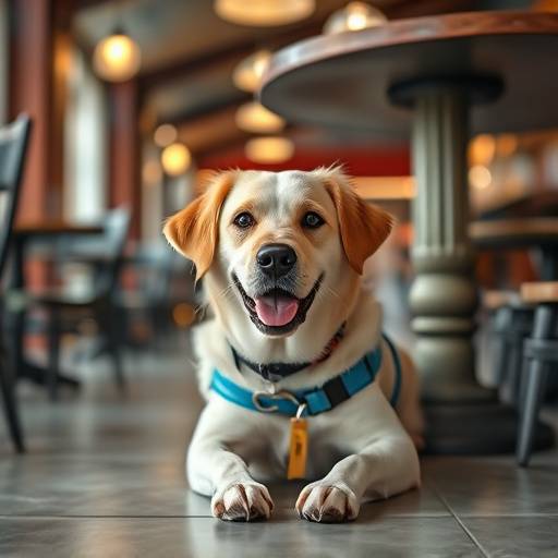 A service dog sitting calmly under a table in a restaurant