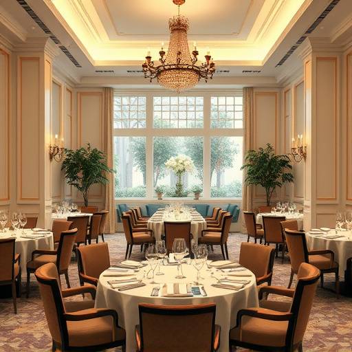 An elegantly decorated dining room with tables set for dinner