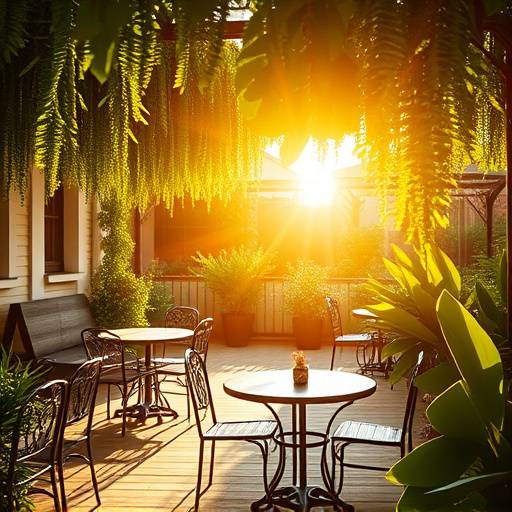 An outdoor patio with tables and chairs, surrounded by greenery