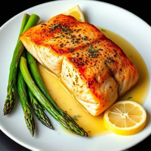 Pan-seared wild Alaskan salmon served with asparagus and lemon butter sauce